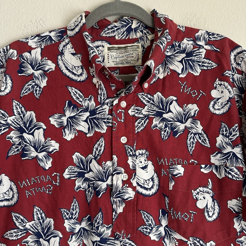 Captain Santa Popover‎ Shirt Mens Large Red Floral Hibiscus Character Japan